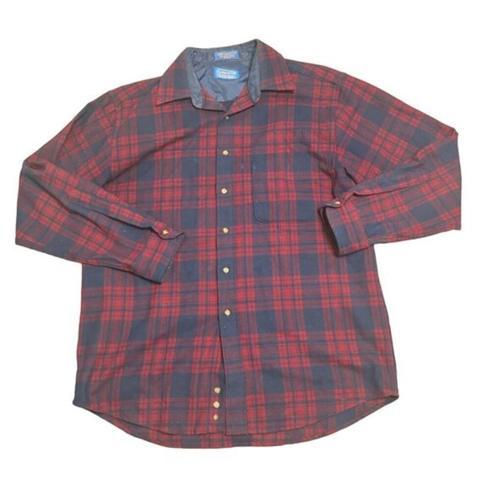 VTG Pendleton Size Large Blue Red Plaid Pure Virgin Wool LS Button Front Shirt
